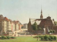 한센 콘스탄틴(Hansen Constantin)이 크리스티안스보르그(Christiansborg) 1866에서 슬롯플래드를 가로지르는 홈즈 커크(Holmes Kirke)의 전망