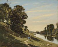Harpignies Henri Eine Figur auf einem Pfad an einem Fluss 1892