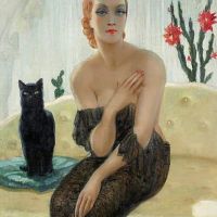 صورة هاري إبرشتاين لسيدة أنيقة مع قطة سوداء.
