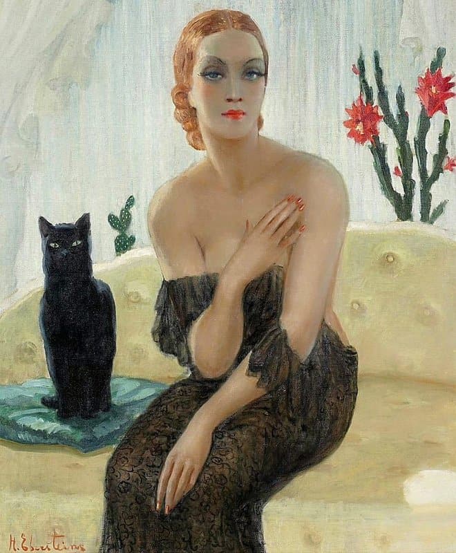 Tableaux sur toile, reproduction de Harry Eberstein Portrait Of An Elegant Lady With Black Cat.
