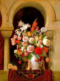 Hayez Francesco Blumenstrauß Place Par Une Femme Blumenvase von einer Frau im Fenster eines Harems platziert