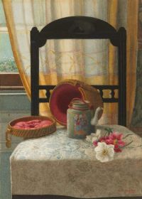 Hayllar Edith Canton Teekanne auf einem Stuhl in einem Innenraum 1883 1