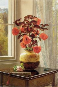 Hayllar Edith Oriental Poppy And Coleus In A Cloisonne Vase With A Fan On A Faux Bamboo Table canvas print
