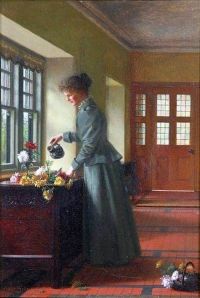 Hayllar Edith Frau am Fenster mit Blumen Ca. Leinwanddruck von 1897