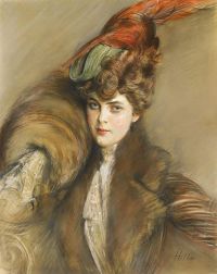 هيليو بول سيدة في قبعة من الريش مطبوعة