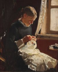 Henningsen Erik Eine junge Frau beim Nähen am Fenster 1879