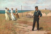 مشهد شاطئ هينينغسن إريك مع صياد شاب يشاهد أربع نساء أنيقات يرتدين فساتين فضفاضة 1911