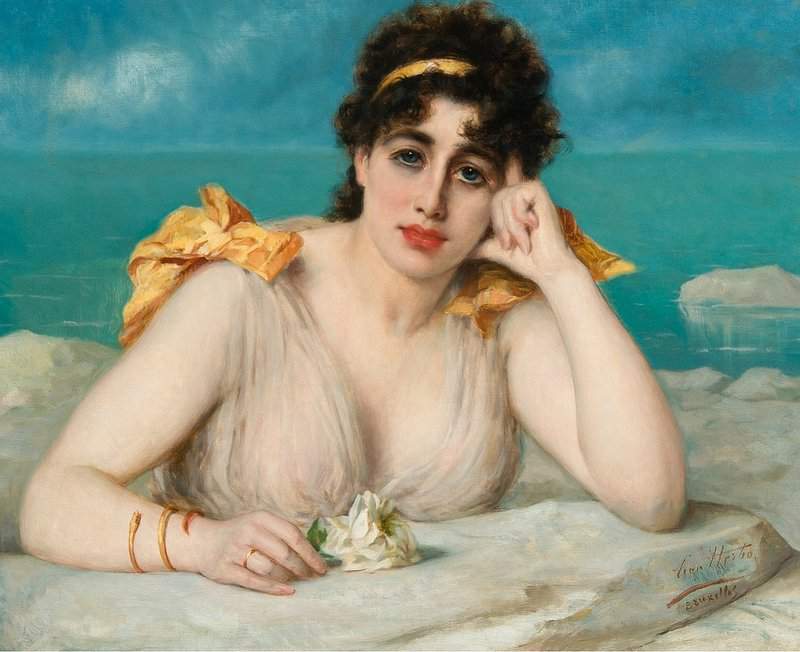 Herbo Leon Woman In Front Of Sea Holding A White Rose canvas print
