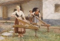 Herkomer Hubert Von Young Farm Girls Breaking Flax