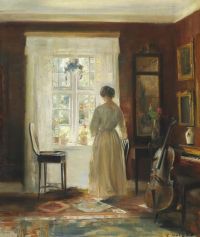 Holsoe Carl By The Window. Interior Of A Music Room With A Back Turned Woman Standing By The Window