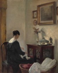 Holsoe Carl Interior With Mother And Child. On The Chest Of Drawers A Still Life With Flowers In A Vase Silver Dish And Jug And Tureen