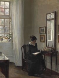 Holsoe Carl Interieur mit der Frau des Künstlers, die in einer Ecke des Wohnzimmers liest