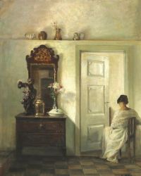 Holsoe Carl Interieur mit der Frau des Künstlers, die an einer offenen Tür sitzt, Leinwanddruck
