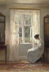 Holsoe Carl Interieur mit der Frau des Künstlers, die mit ihrer Handarbeit neben einem Leinwanddruck mit offenem Fenster sitzt