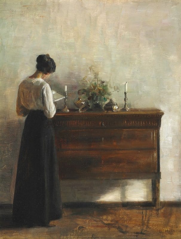 Holsoe Carl Interior With The Artist S Wife Standing At A Chest Of Drawers Reading canvas print