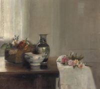 Holsoe Carl Still Life With Chinese Porcelain Decorated In Blue As Well As Flower Bouquets Lying On A Rustic Table