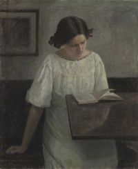 Holsoe Carl Die Ehefrau des Künstlers in Weiß beim Lesen auf Leinwand