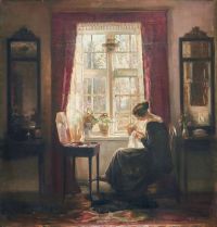 Holsoe Carl Die Frau des Künstlers sitzt an einem Fenster mit ihrer Nadelarbeit auf Leinwand
