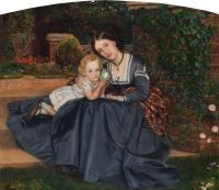 Hughes Arthur Mutter und Kind sitzen in einem Garten