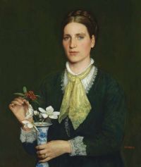 Hughes Edward Robert Portrait Of Elizabeth Webb Holding A Vase Of Flowers 1876