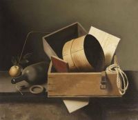 Hynckes Raoul A Still Life With Boxes A Bottle And An Apple