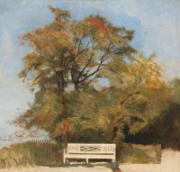 Ilsted Peter Vilhelm Garden View With A White Bench Under A Flowering Tree