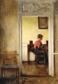 Ilsted Peter Vilhelm Interior With The Painter S Wife Ingeborg In A Red Blouse Sitting At A Spinet 1910
