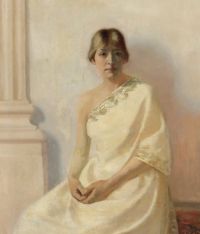 Ilsted Peter Vilhelm صورة لامرأة شابة في ثوب مسائي أبيض بحدود ذهبية 1880 مطبوعة على القماش