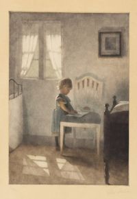 Ilsted Peter Vilhelm Sunshine Interior mit der Tochter Ellen des Künstlers, die auf einem weißen Stuhl steht