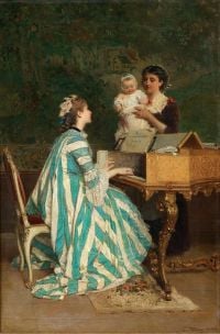 Induno Domenico, eine junge Mutter, die das Cembalo spielt, 1876