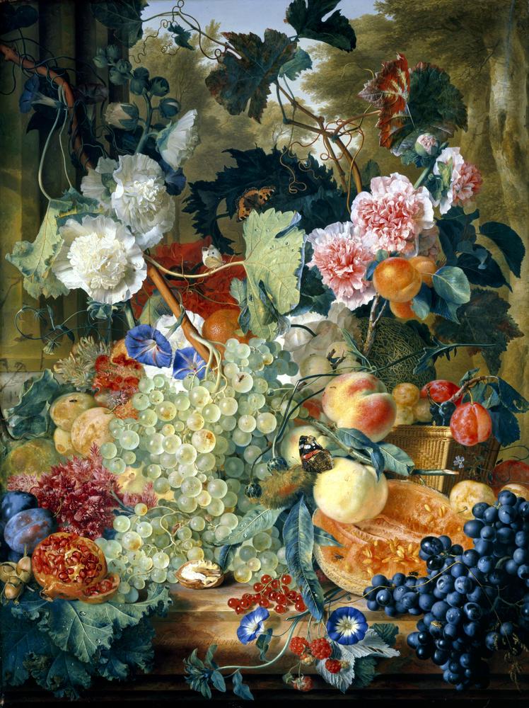 Jan Van Huysum Still Life Of Flowers And Fruit On A Marble Slab canvas print