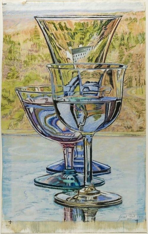 Janet Fish Three Wine Glasses And House 1977 canvas print