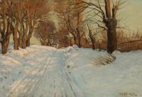 Jerichau Baumann Elisabeth A Winter Landscape With Sun Shining Through Naked Trees