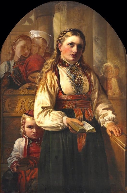 Jerichau Baumann Elisabeth Church Interior With Girls Dressed In Traditional Norwegian National Costumes Ca. 1854 canvas print