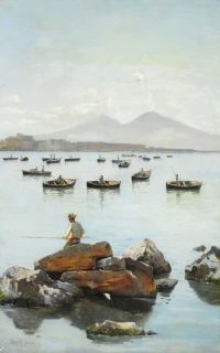 جيريكاو بومان إليزابيث صيادون وقوارب صيد في خليج نابولي. في طباعة قماش The Background Vesuvius