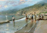 المشهد الساحلي الجنوبي لجيريكاو بومان إليزابيث مع صيادين يسحبون الصيد على الشاطئ