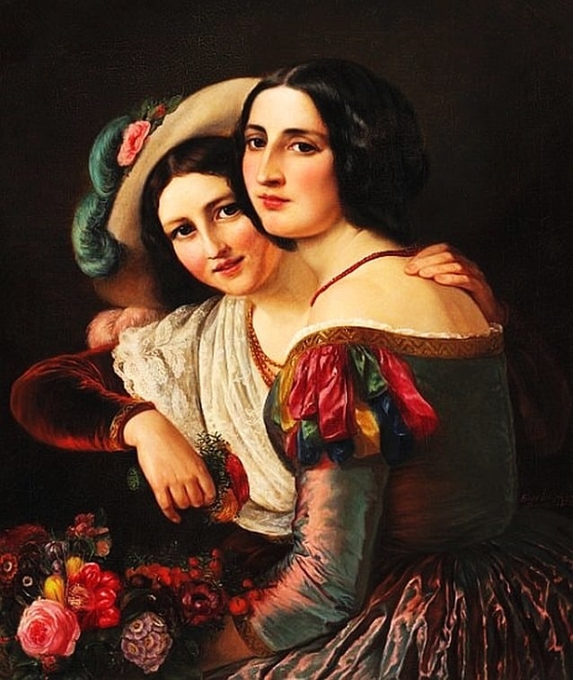 Jerichau Baumann Elisabeth Two Young Italian Women Dressed In Colourful Gowns For The Carnival 1850 canvas print