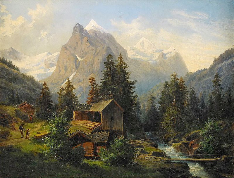 Johan Edvard Bergh Mountain Landscape With Hikers And Mill Building canvas print