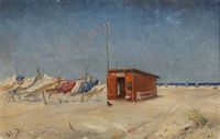 Johansen Viggo A Beach With Bath Houses And Laundry Drying In The Wind canvas print