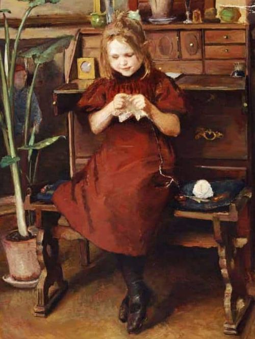 Johansen Viggo Interior With A Little Girl Knitting canvas print