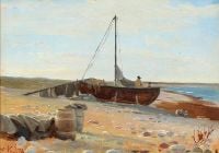 منظر يوهانسن فيجو لساحل مع صيادين وقارب مرسوم على الشاطئ 1876