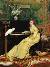 Jonghe Gustave Leonhard De Frau am Klavier mit Kakadu 1870