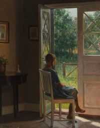 Karl Harald Alfred Broge Interior With A Girl Looking Out Into The Garden 1920