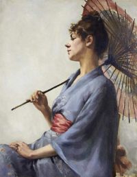 Kelly Gerald Festus Porträt einer Frau in einem Kimono, der einen Sonnenschirm hält
