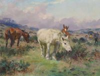 Kemp Welch Lucy Zigeunerwagen und Pferde auf einer sonnigen Heide