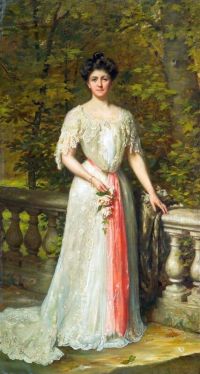 Kennington Thomas Benjamin A Porträt einer Dame in einem weißen Kleid mit einer rosa Schärpe durch eine Balustrade