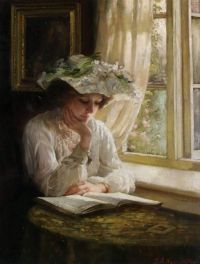 Kennington Thomas Benjamin Dame, die an einem Fenster liest, ca. 1911