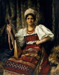 Kennington Thomas Benjamin Porträt von Anne im russischen Kostüm mit einer Balalaika 1900