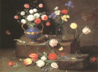 Kessel Jan Van 청금석 물병에 장미와 유리 꽃병에 다른 꽃이있는 정물