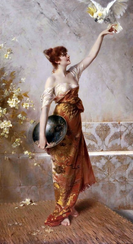 Kiesel Conrad Manuela Standing Young Spanish Woman Attracts A Cockatoo On Her Hand 1884 canvas print